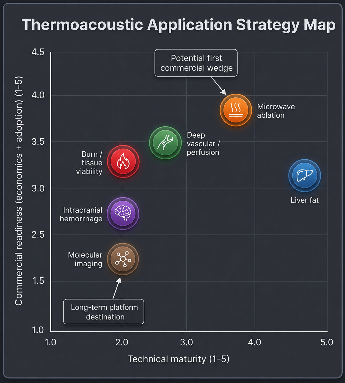 Thermoacoustic application strategy map. Applications differ in both technical maturity and commercial readiness. Liver-fat assessment is the most technically de-risked application today, while microwave-ablation monitoring may offer stronger near-term alignment between technical capability, economics, and adoption. Molecular imaging remains a longer-term platform opportunity.